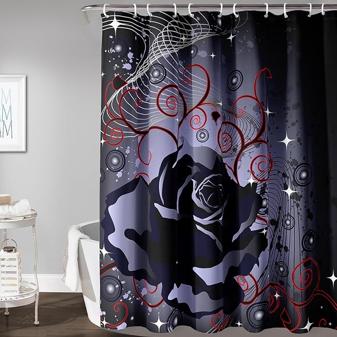 AILONEN Black Rose Shower Curtain for Women,Music Rose Bath Curtain for Bathroom Decor,Red and Black Art Polyester Waterproof for Girls with 12 Plastic Hooks,72" W*96" H Black