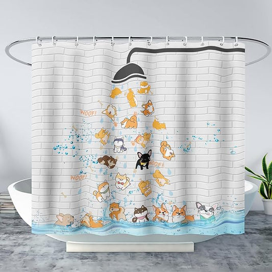 AILONEN Cute Corgi Shower Curtain for Kids 60" W*72" H Inch,Funny Dog Cartoon Corgi Animals Playing Water Shower Curtains,12 Pack Hooks Polyester Waterproof Fabric Decor for Bathroom Bathtub Panels