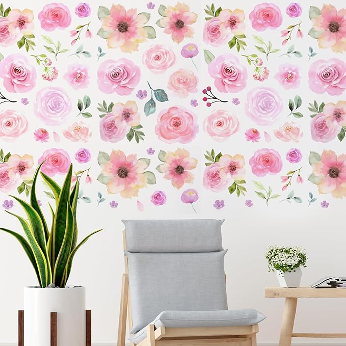 60pcs Pink Flower Wall Sticker Watercolor PVC Peel and Stick Wall Decals Cute Peony Floral and Leaves Pastel Flower Decor for Kids Bedroom Living Room Baby Nursery Kindergarten