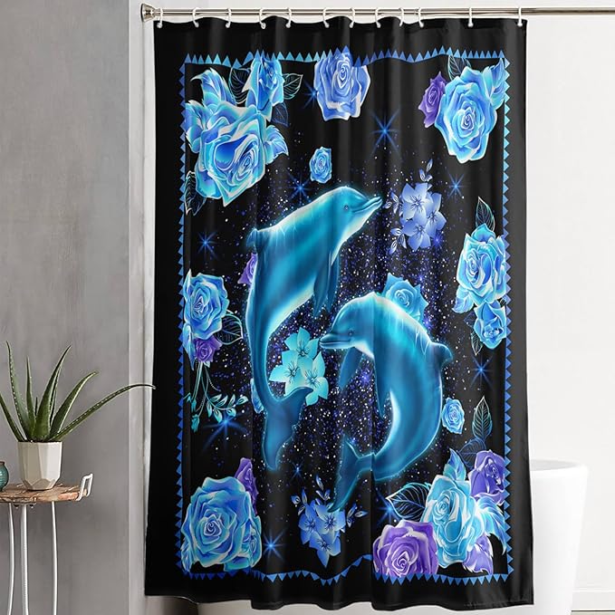 AILONEN Catrtoon Dolphin Shower Curtain Bathroom 48" W*72" H Blue Dolphin Curtain Cloth Fabric Bathroom for Kids Girls,3D Blue Rose with Jumping Dolphins Shower Curtain Set