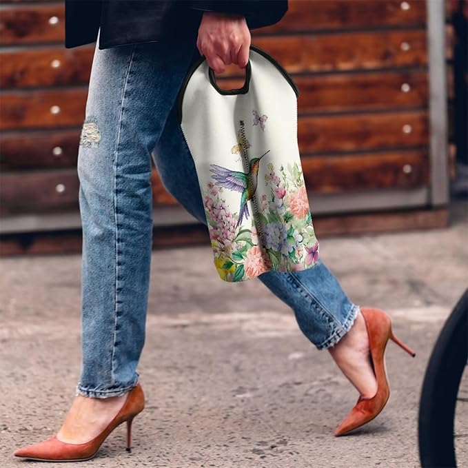 doginthehole Neoprene Wine Tote Hummingbird Wine Carrier Bag with Divider for Travel, Portable Wine Gift Bag Insulated Sleeve Champagne Carrier Bag