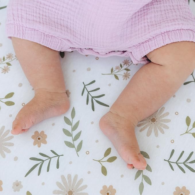 Mini Crib Fitted Sheet, 100% Cotton Knitted Jersey, Pack n Play Sheet, Breathable, Fitted Crib Sheets, Super Soft, Toddler Fitted Sheet,2 Pack,Green/Flowers, 38x24x6