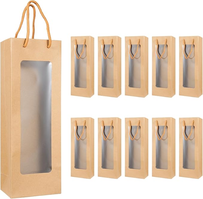Cyblinia 20 Pack Wine Gift Bags with Window 4.9 x 3.6 x 14.2 Inch Paper Wine Bags Wine Carrier Bags Shopping Bags with Handle for Wine Bottle and Gifts，Wedding, Birthday, Christmas