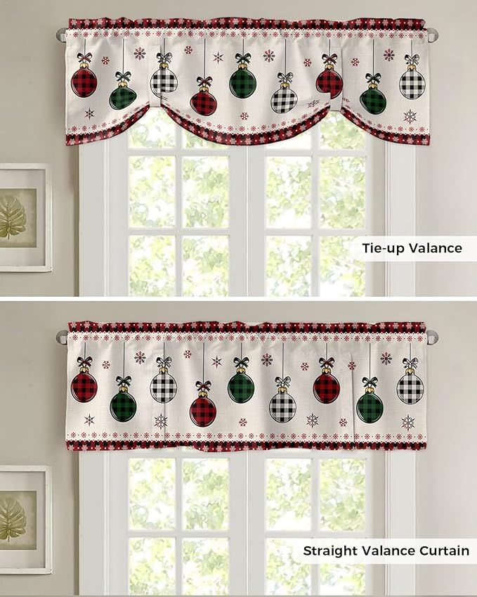 Christmas Blackout Tie Up Valance Curtains for Kitchen Windows Vintage Buffalo Plaid Christmas Balls Window Toppers Balloon Shades for Living Room/Bathroom/Bedroom,1 Panel,42" X 12" Farmhouse