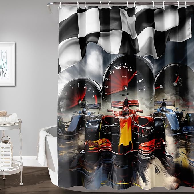 AILONEN Racing Car Shower Curtains,Checkered Speed Car Bath Curtains Gifts for Racer,Polyester Waterproof for Bathroom with Plastic Hooks 36" W*72" H