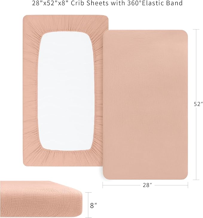 Konssy Muslin Fitted Crib Sheets 100% Cotton Baby Crib Sheets for Standard Crib Mattress (28 X 52 Inches), Soft and Breathable for Boy Girl(Peach)