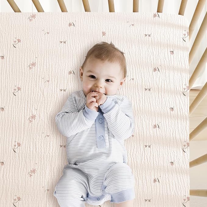 Muslin Crib Sheets, 2pk Neutral Fitted Baby Toddler Bed Sheets for Standard Crib Mattress & Toddler Bed Mattress, 28 x 52 inches, Fog Flower