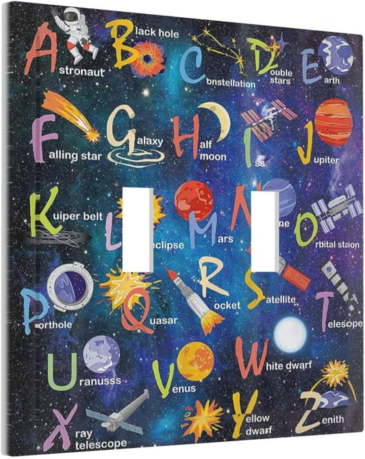 ABC Outer Space Double Toggle Light Switch Cover Decorative Alphabet Galaxy Boys Educational 2 Gang Wall Plate Electrical Faceplate Switchplate for Kidroom Nursery Boyroom Living Room Decor