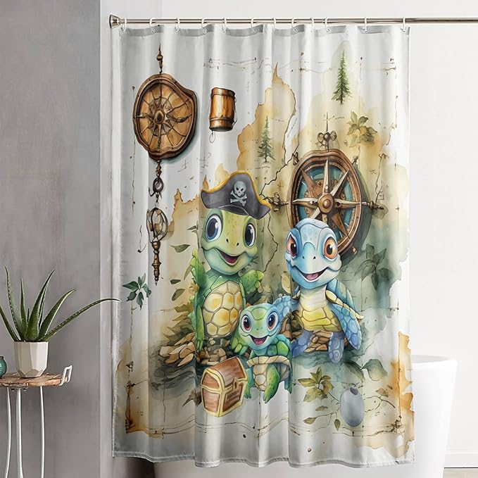 AILONEN Cartoon Sea Turtle Shower Curtain,Kawaii Turtle Bathroom Curtains for Kids,Girls,Nautical Compass Anchor Shower Curtains Set with Hooks for Bathroom,48" W*72" H