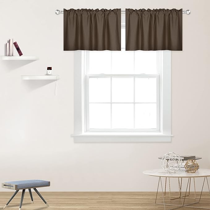 Coffee Brown Valance for Windows 42x18 Inch Solid Thermal Insulated Blackout Kitchen Short Curtain Toppers Valance Rod Pocket for Bathroom Living Room 2 Panels