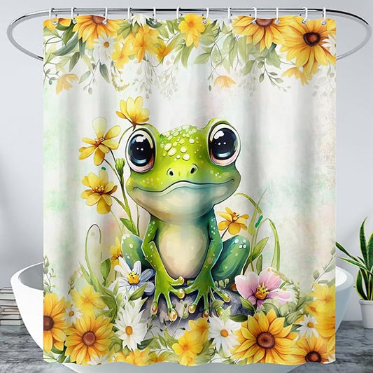 AILONEN Green Frog Shower Curtain,Cute Cartoon Frog Waterproof Fabric Shower Curtain for Bathroom,Beautiful Sunflower Kawaii Tree Frog Shower Curtain Set with Hooks for Kids Boys Girls,72" W*96" H