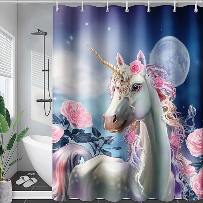 AILONEN Dreamy Unicorn Shower Curtain, Oil Painting Rose Waterproof Shower Curtain,3D Moon and Stars Girls Cloth Bath Curtain Set for Kids Teens Adults,72" W*96" H