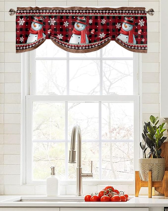 Christmas Blackout Tie Up Valance Curtains for Kitchen Windows Funny Snowman Snowflake Window Toppers Balloon Shades for Living Room/Bathroom/Bedroom,1 Panel,54" X 18" Red Farmhouse