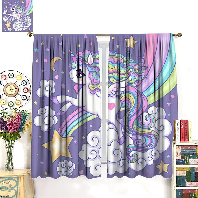 Kids Unicorn Curtains Purple Cartoon Rainbow Cartoon Room Blackout Curtains Boys Girls Baby Room Decor Curtains Living Room Decor 42x45 Inch 2 Panels