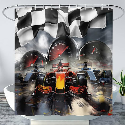 AILONEN Racing Car Shower Curtains,Checkered Speed Car Bath Curtains Gifts for Racer,Polyester Waterproof for Bathroom with Plastic Hooks 36" W*72" H