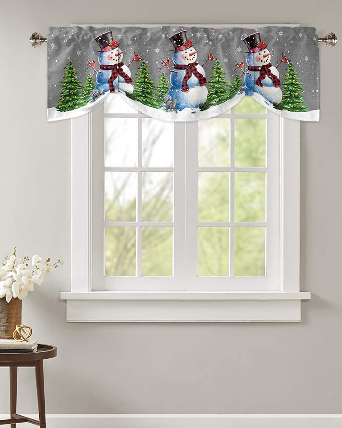Christmas Snowman Blackout Tie Up Valance Curtains for Kitchen Windows Winter Holidays Cardinal White Snowflake Window Toppers Balloon Shades for Living Room/Bathroom/Bedroom,1 Panel,60" X 18" Gray