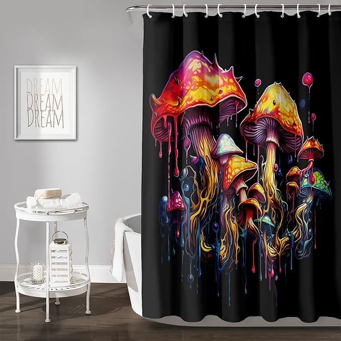 AILONEN Mushroom Shower Curtain,Oil Painting Mushroom Bath Curtain,Cartoon Mushroom Magic Fungus Print Black Waterproof Shower Curtain with 12 Plastic Hooks, 36" W x 72" H