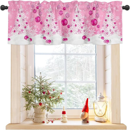 Pink Christmas Valance Curtains for Kitchen Windows White Xmas Tree Snowflakes Pink Balls Rod Pocket Window Treatment Toppers for Kitchen/Living Room/Bedroom/Bathroom, 42" X 18", Winter