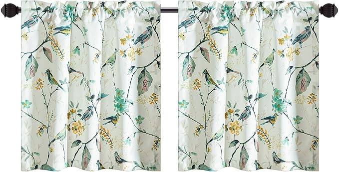 Leeva Green Bird Small Window Curtain Panels, 36 Inch Length Sets Bird and Floral Pattern Design Short Small Curtains for Kitchen Office Cafe Studio, 2 Panels, Rod Pocket