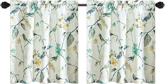 Leeva Green Bird Small Window Curtain Panels, 36 Inch Length Sets Bird and Floral Pattern Design Short Small Curtains for Kitchen Office Cafe Studio, 2 Panels, Rod Pocket