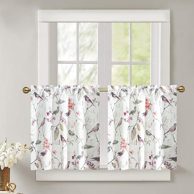 Leeva Farmhouse Linen Textured Kitchen Tiers, Vivid Purple Bird Print Short Window Curtains for Living Room Bathroom Cafe, Rod Pocket Home Decor Drapes, 2 Panels Pair, 29 x 30 Inches