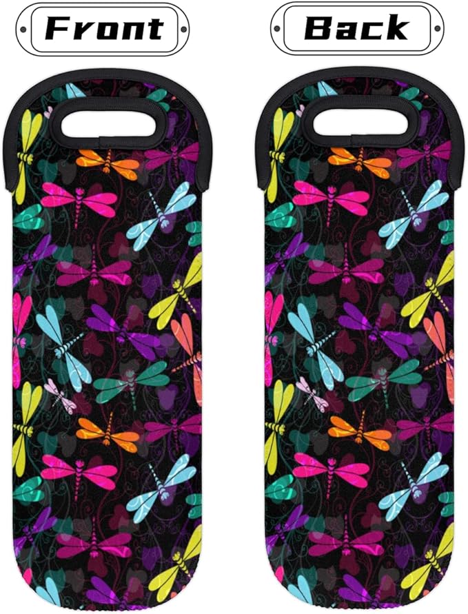 Dragonfly Ornaments Wine Gift Tote Carrier Black Purple Neoprene Wine Tote Bags Holder Cooler Wine Lover Gift