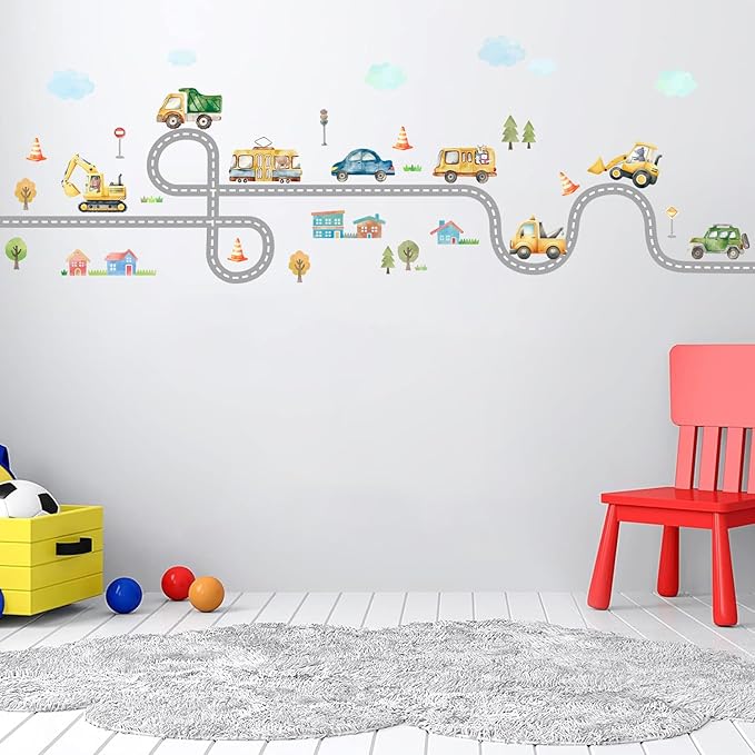 Kids Car Road Wall Decals Truck Pictures for Toddler Walls 43PCS Transports and Road Wall Stickers Wallpaper Peel and Stick Daycare Traffic Signal Wall Art Excavator Wall Decal for Playroom Nursery