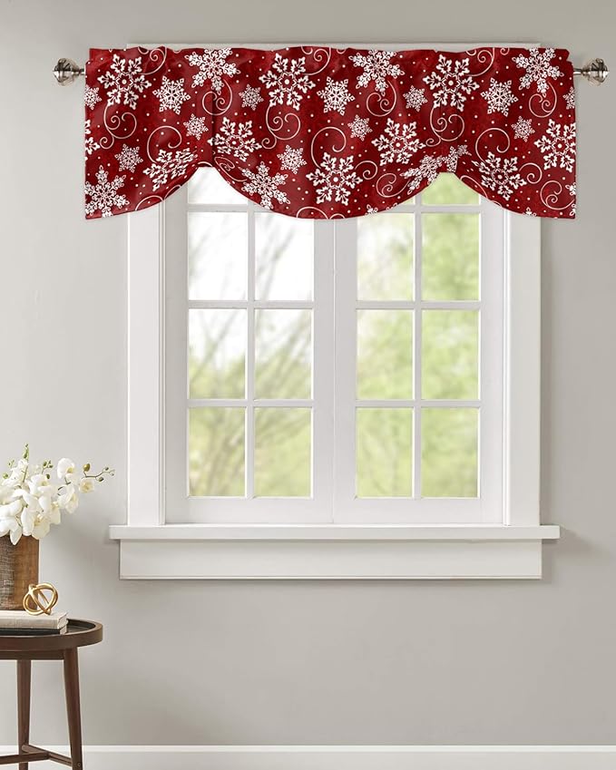 Christmas Blackout Tie Up Valance Curtains for Kitchen Windows Red White Snowflakes Pattern Window Toppers Balloon Shades for Living Room/Bathroom/Bedroom,1 Panel, 42" X 18", Winter
