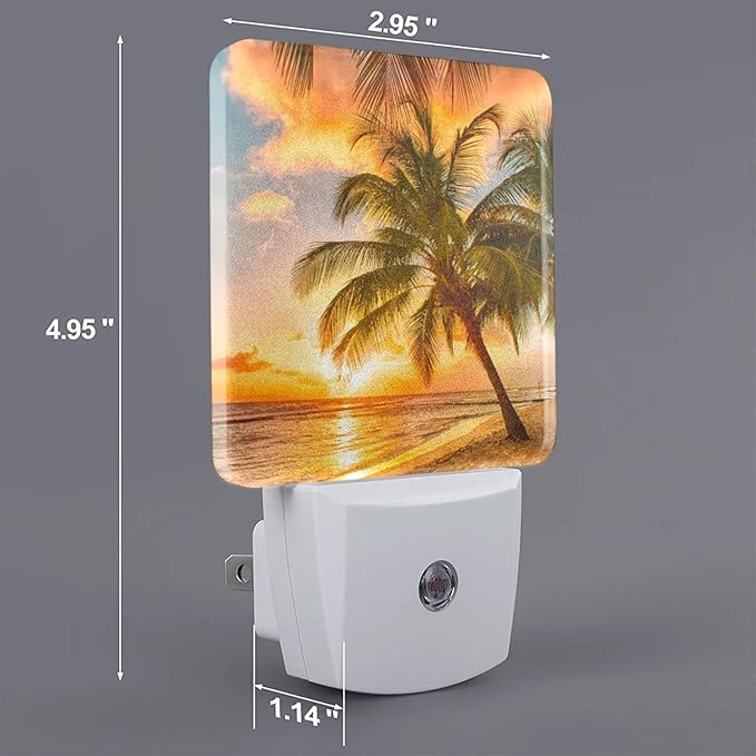 Funny Beach Tropical Palm Tree Ocean Plug in Night Light into Wall LED Nightlight Auto Sensor Dusk to Dawn lamp for Kids Room Bedroom Bathroom Nursery Kitchen Hallway Stairs Home Decorative
