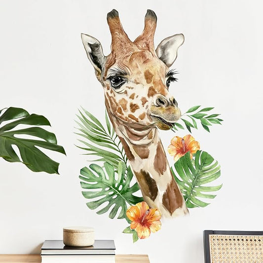 Mfault Safari Giraffe Wall Decals Stickers, Jungle Animal Palm Leaves Hibiscus Nursery Decorations Bedroom Art, Tropical Plant Woodland Neutral Toddlers Kids Baby Room Playroom Decor