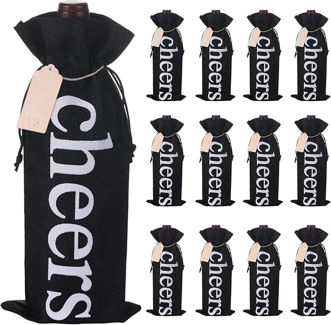 SIRIPHUM Burlap Wine Bags and Gift Tags, Wine Bottle Gift Bags with Drawstrings,Wine Bags Gift for Travel, Wedding, Holiday Party,Birthdays,Housewarming and Dinner Party (Black-12PCS)