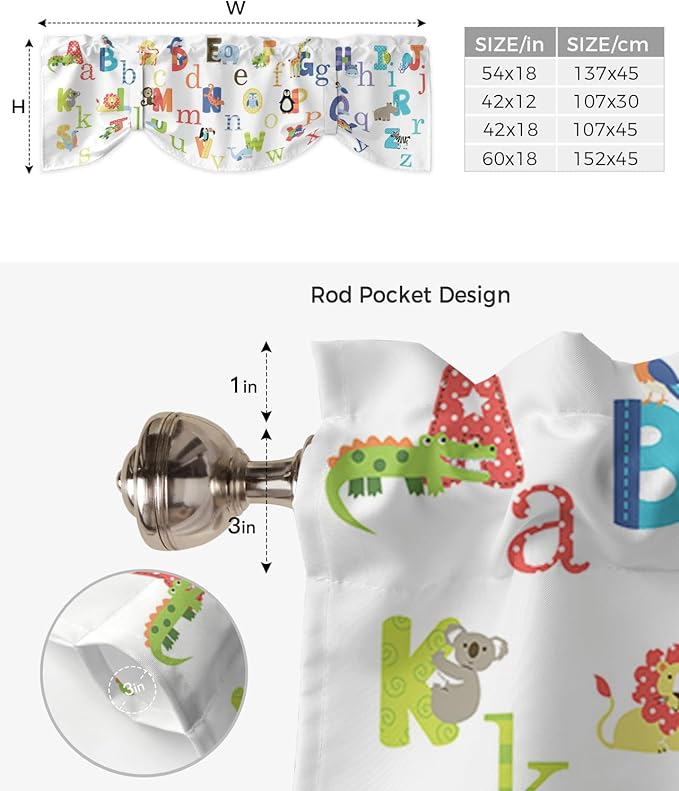 Cute Animals Alphabet for Kids Blackout Tie Up Valance Curtains for Kitchen Windows Colorful Printed Window Toppers Balloon Shades for Living Room/Bathroom/Bedroom,1 Panel,42" X 12"