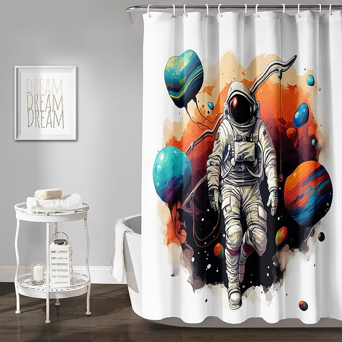 AILONEN Astronaut Shower Curtain for Bathroom,Planet Spaceman Bath Curtain for Kids Boys Teens,Universe Polyester Waterproof with 12 Plastic Hooks 72" W*72" H