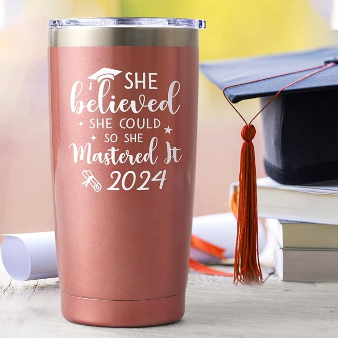 Lifecapido Graduation Gifts for Her, She Believed She Could So She Mastered It 2024 20 oz Insulated Travel Tumbler, Graduation Gifts with Keychain for Masters College High School Graduate, Rose Gold