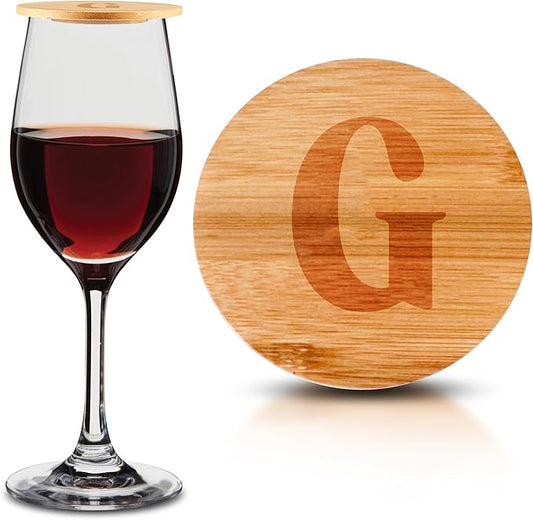 Personalized Wine Glass Charcuterie Topper - Custom Laser Engraved Initial Bamboo Wine Glass Topper Stopper Coasters Plate ID Identification Wine Glass Charcuterie Board Topper (Letter G)