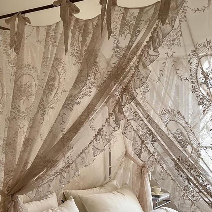 Elegant Lace Princess 4 Corner Post Mosquito Net Romantic for Girls Women Bed Curtain Canopy for Adult Wedding Bedroom Kids Rooms Decoration (Color-C, Full)