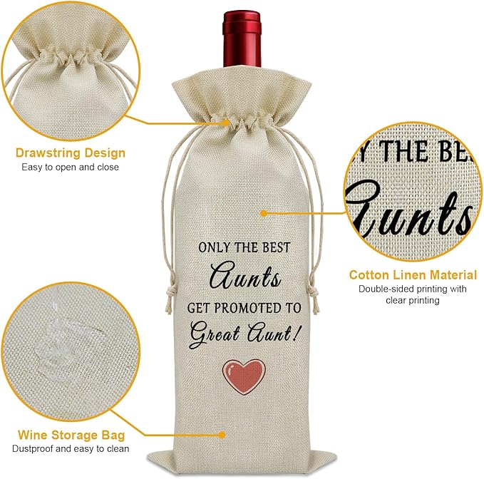 Promoted to Great Aunt Gifts Wine Bag Pregnancy Reveal Gifts for Great Aunts Wine Bottle Decoration Bag New Great Aunt Gifts Mothers Day Gift for Great Aunt Wine Accessories Gifts for Wine Lovers