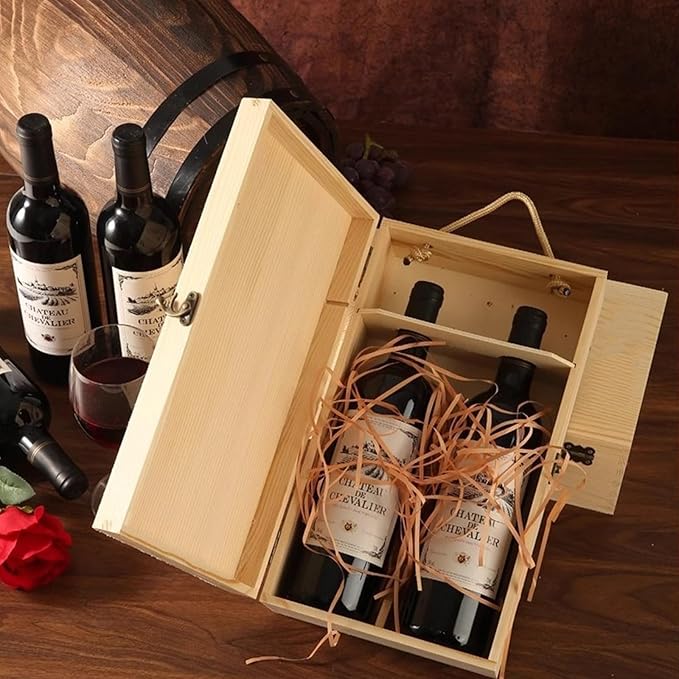 TANG SONG Wooden Double Bottle Wine Box Single Wine Bottle Storage Wine Gift Box with Locking Latch for Any Occasion