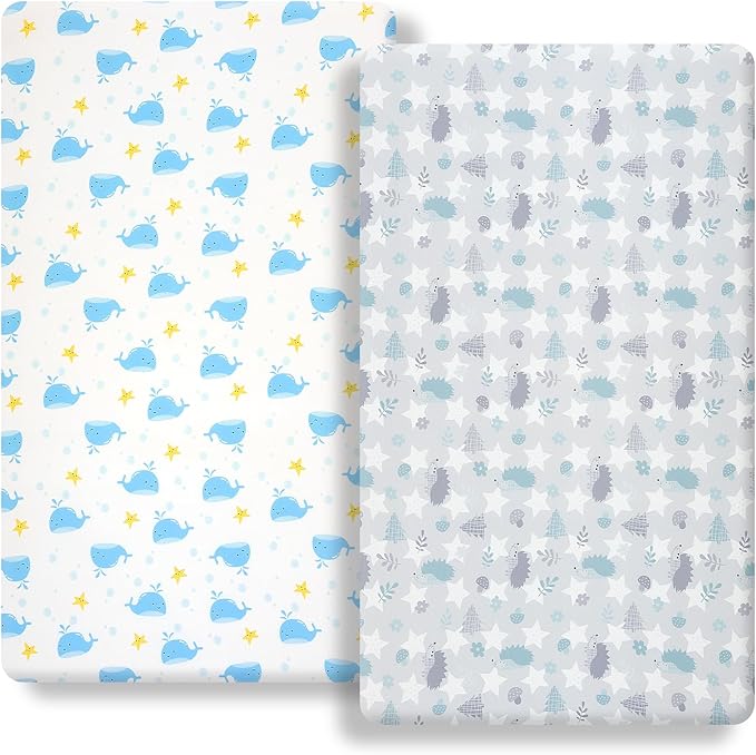 Pack n Play Fitted Sheet .2 Piece Mini Crib Sheet. Stretch Playard Sheet Portable Sheet Set. Elastic Convertible Playard Pad. Compatible with Graco Pack n Play (Baby Whale and Hedgehog)