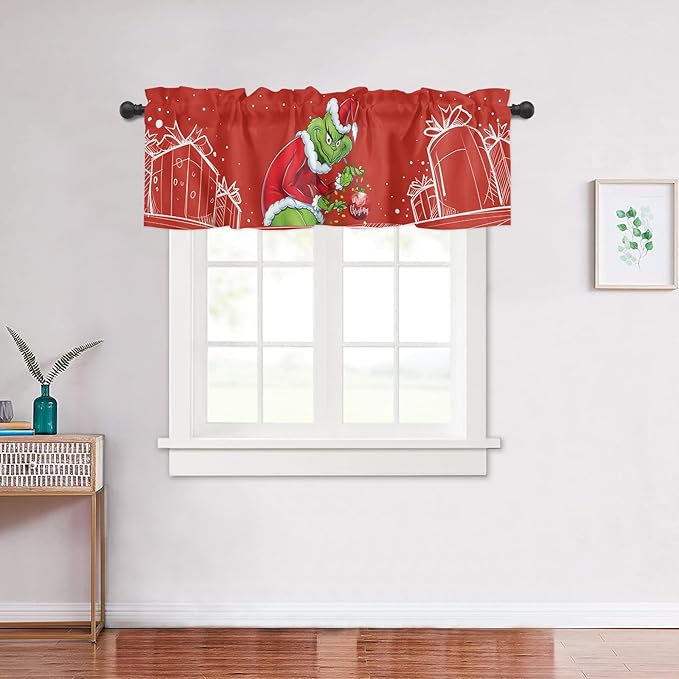 Grin-ch Window Valance for Kitchen Living Room Merry Grinchmas Window Curtain for Bedroom Christmas Window Valance Rod Pocket Window Treatment Christmas Window Decorations, 54" W x 18" L