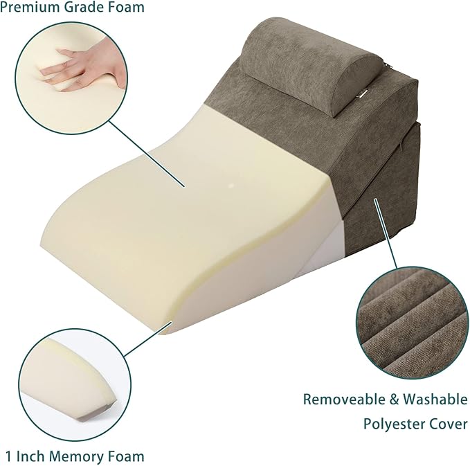 baibu 20 in Bed Wedge Pillow Set Foam | Adjustable Pillows for Back, Leg and Knee Pain Relief | Post Surgery Ortho Pillow – Anti Snoring, Heartburn, Acid Reflux & GRED (Brown)