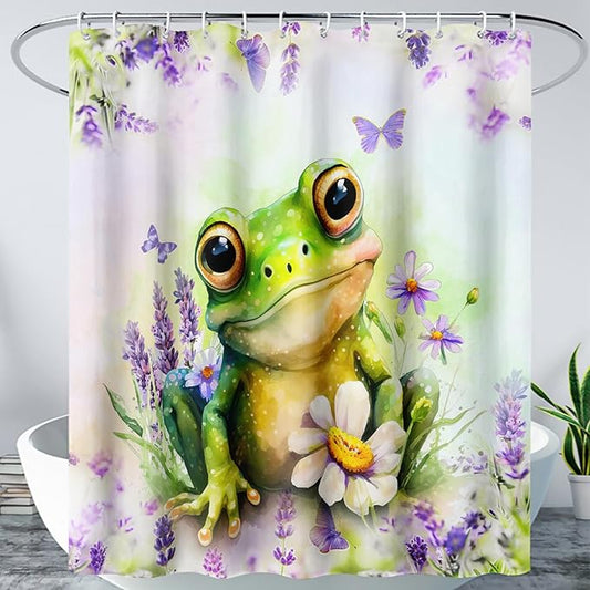 AILONEN Cartoon Frog Shower Curtain, Cute Green Frog Shower Curtain Set with Hooks for Kids Boys Girls,Purple Flowers Tropical Amphibian Waterproof Fabric Shower Curtain for Bathroom,72" W*78" H