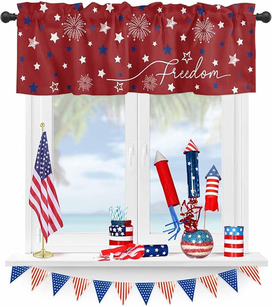 Patriotic 4th of July Kitchen Curtains Valances for Windows Red White Blue Stars Freedom Rod Pocket Window Treatment for Kitchen /Living Room/Bedroom/ Bathroom, 60" X 18", Memorial Day Summer