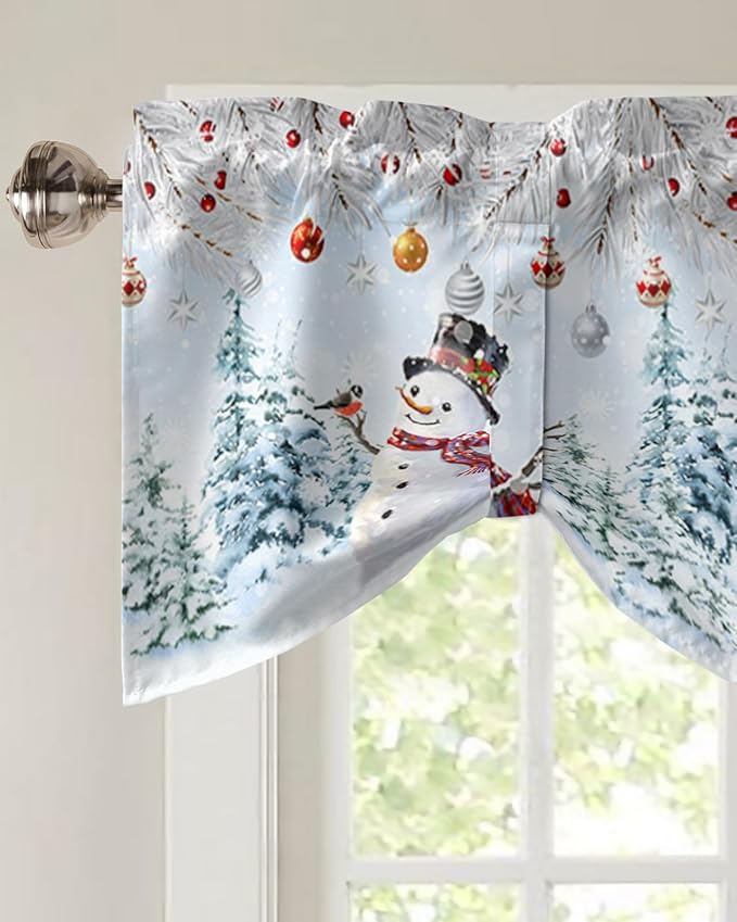 Snowman Blackout Tie Up Valance Curtains for Kitchen Windows Blue Merry Christmas Tree Red Balls Squirrel Window Toppers Balloon Shades for Living Room/Bathroom/Bedroom,1 Panel, 42" X 18", Winter