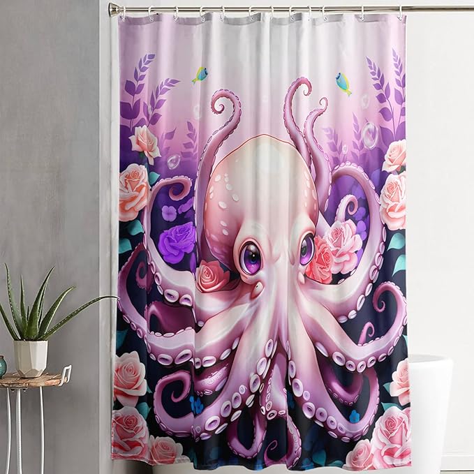 AILONEN Cartoon Pink Octopus Shower Curtain for Bathroom,Cute Octopus with Rose Bath Curtain for Kids,Boys,Girls,Ocean Animal Theme Waterproof Fabric Shower Curtain Set with Hooks,72" W*78" H
