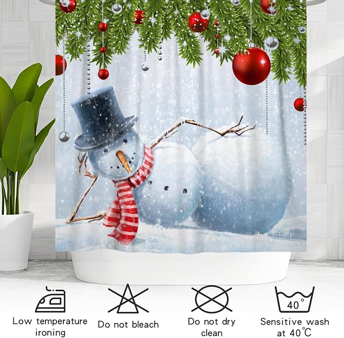 Funny Christmas Shower Curtain for Bathroom Snowman Snowflake Red Christmas Ball Winter Holiday Kids Bathroom Curtain with Hook,72x72 Inch