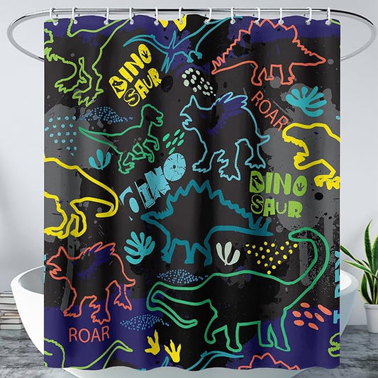 AILONEN Cartoon Dinosaur Shower Curtain 60" W*72" H for Bathroom,Teen Boys Dinosaur Bathroom Shower,Roaring Dinosaur Silhouette Boys Shower Curtain Polyester Waterproof Bath Curtain with 12 Hooks