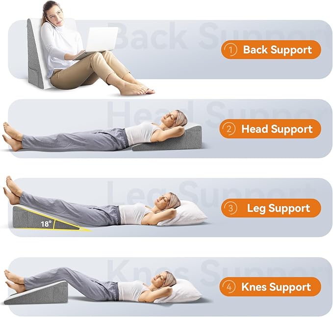 Wedge Pillow for Sleeping, 8 inch Bed Wedge Pillow, Elevated Body Pillow for Back Support, Acid Reflux, Leg, Neck Pain, Snoring, Triangle Pillow Wedge -Removable Cover, White/Grey