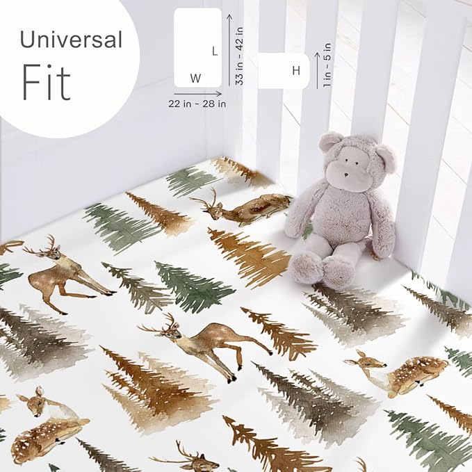 Stretchy Ultra Soft Jersey Knit Fitted Pack n Play Sheets Set 2 Pack, Portable/Mini Crib Sheets with Deep Pocket, Fitted Playard Mattress Safe and Snug, Stylish Watercolor Deer and Leaves