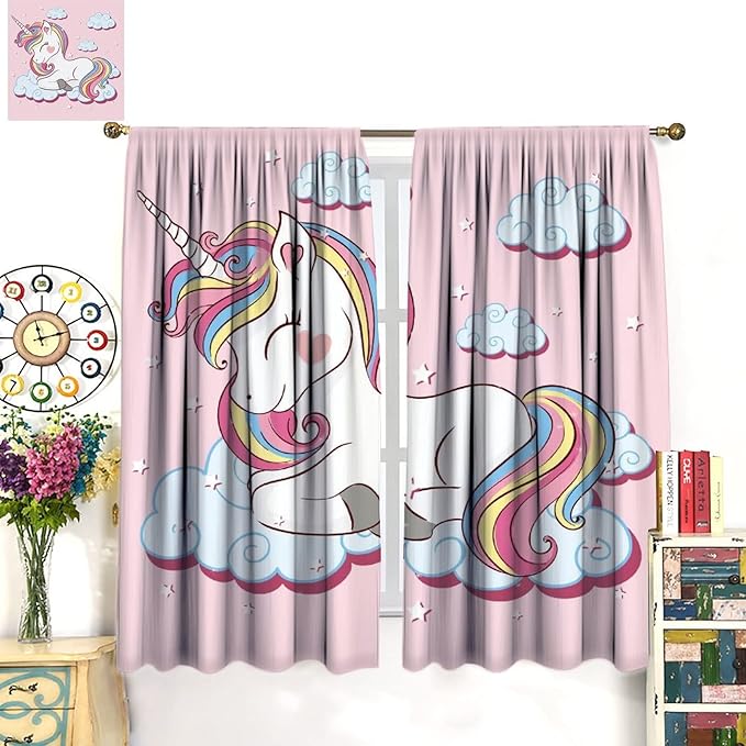 Unicorn Curtain for Kids Bedroom,Pink Cartoon Rainbow Darkening Curtains Decor Sliding Curtains Decorative Curtains for Girls Boys Baby Room,Living Room Decoration 63x63inch